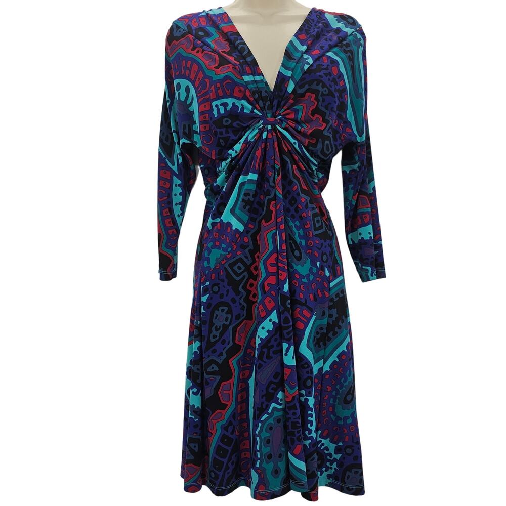 Nine West Womans size 8 Abstract Paisley Print Front Knot Midi Dress 3/4 sleeve